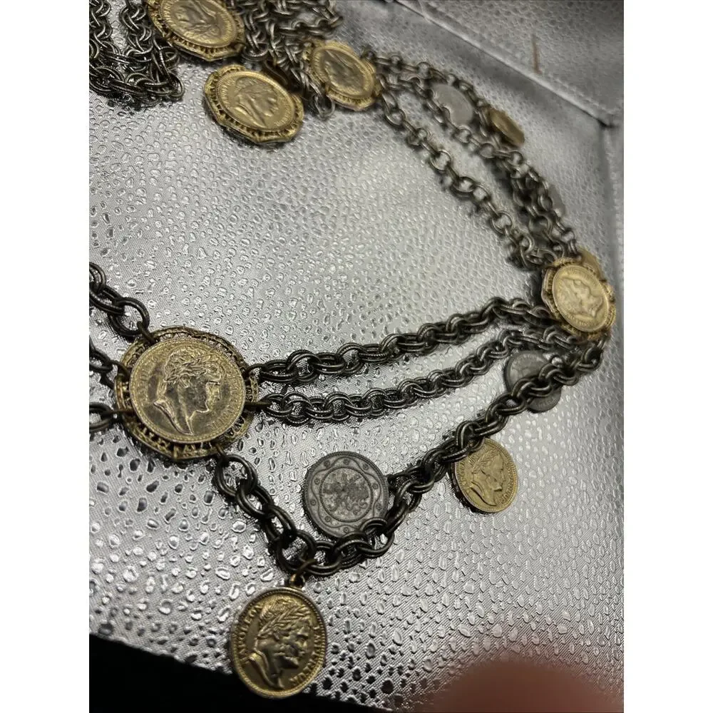 Vtg 1960s Napoleon III Coin Festoon Necklace Multi Strand Revival Runway Piece